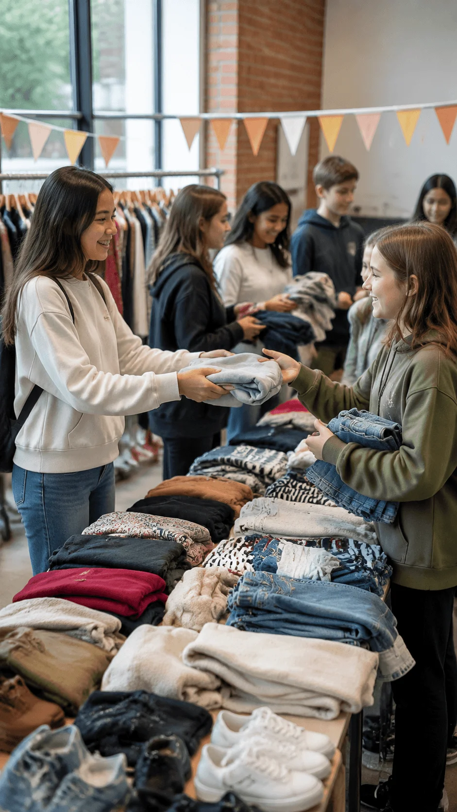 Students participating in a sustainable fashion swap event exchanging second hand clothing and promoting responsible clothing reuse