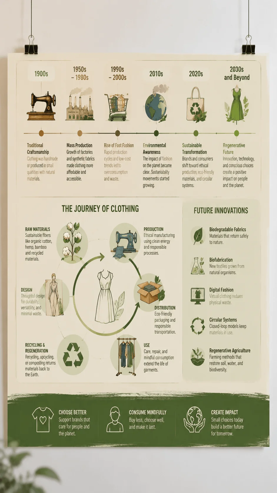 Sustainable fashion timeline infographic poster showing the evolution of clothing from traditional craftsmanship to regenerative fashion with recycling symbols, eco friendly materials, circular fashion processes, future textile innovations, and educational design elements explaining responsible fashion development