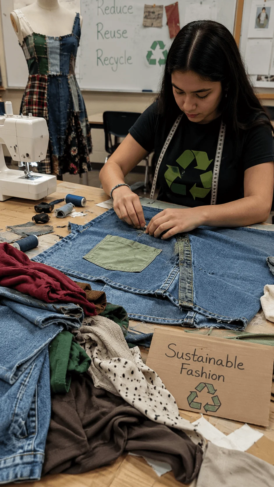 Student creating sustainable fashion from recycled materials by sewing and redesigning denim fabric and reused clothing into new garments in a workshop focused on upcycling textile waste and promoting environmentally responsible fashion.
