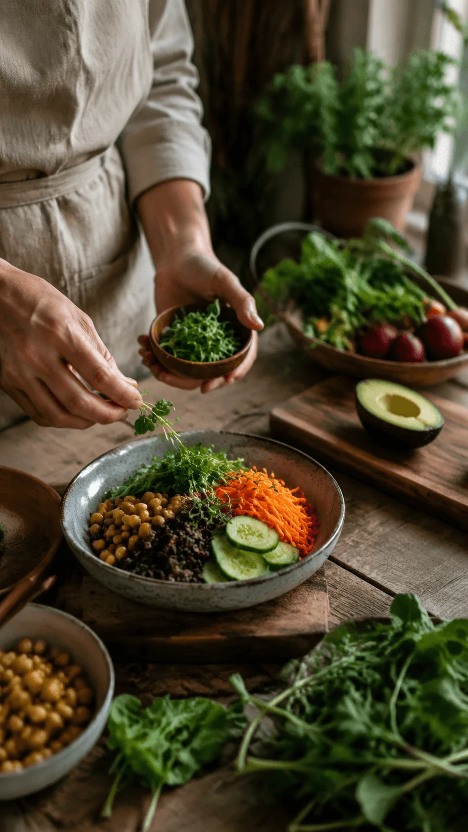 Sustainable food photography featuring a plant based meal preparation with fresh vegetables, natural ingredients, wooden table, handmade bowls, and an eco friendly kitchen setting focused on healthy conscious eating.