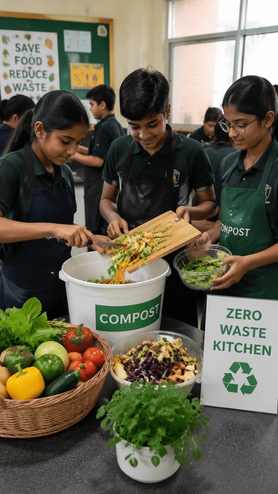 Students creating a sustainable food and zero waste kitchen project with composting, food waste reduction, and eco friendly cooking activities in a school environment