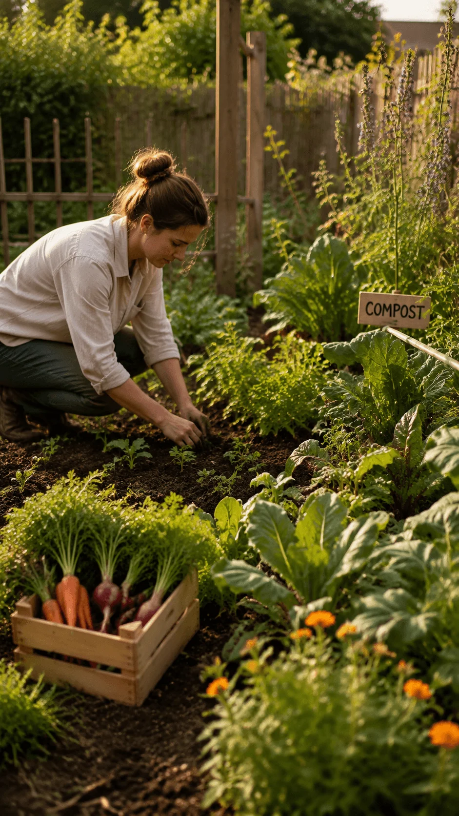 Sustainable garden photography featuring a person planting vegetables, composting area, lush green plants, fresh produce, and a natural backyard garden environment focused on eco friendly living.