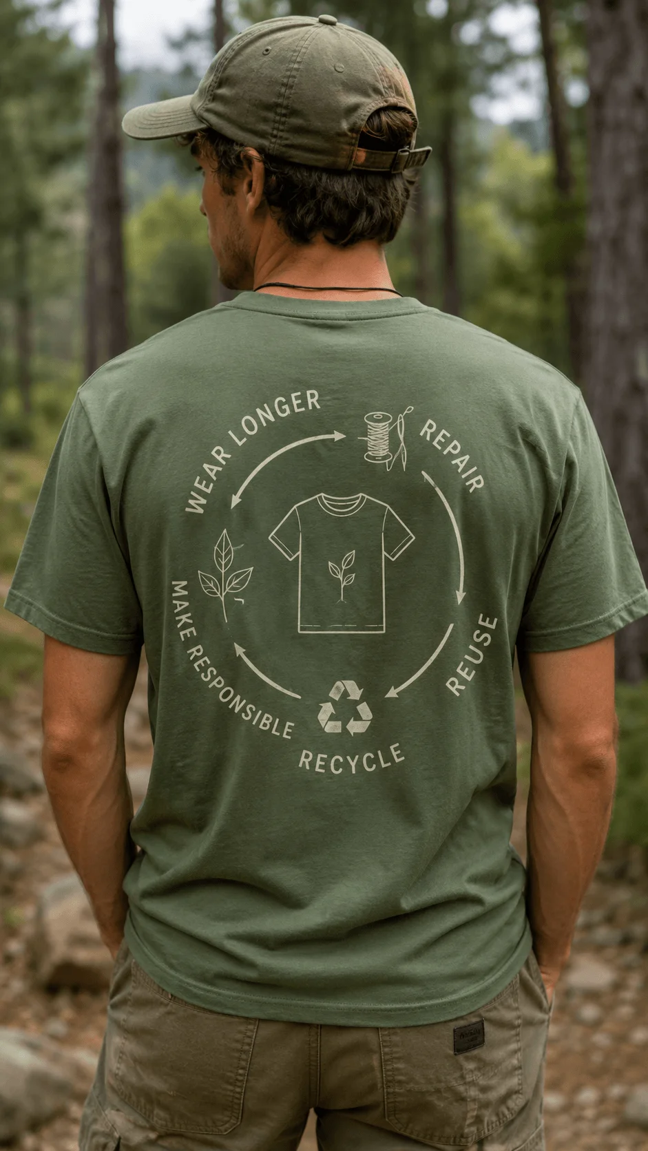 Man wearing a sustainable green T shirt with a circular repair reuse and recycle clothing design on the back