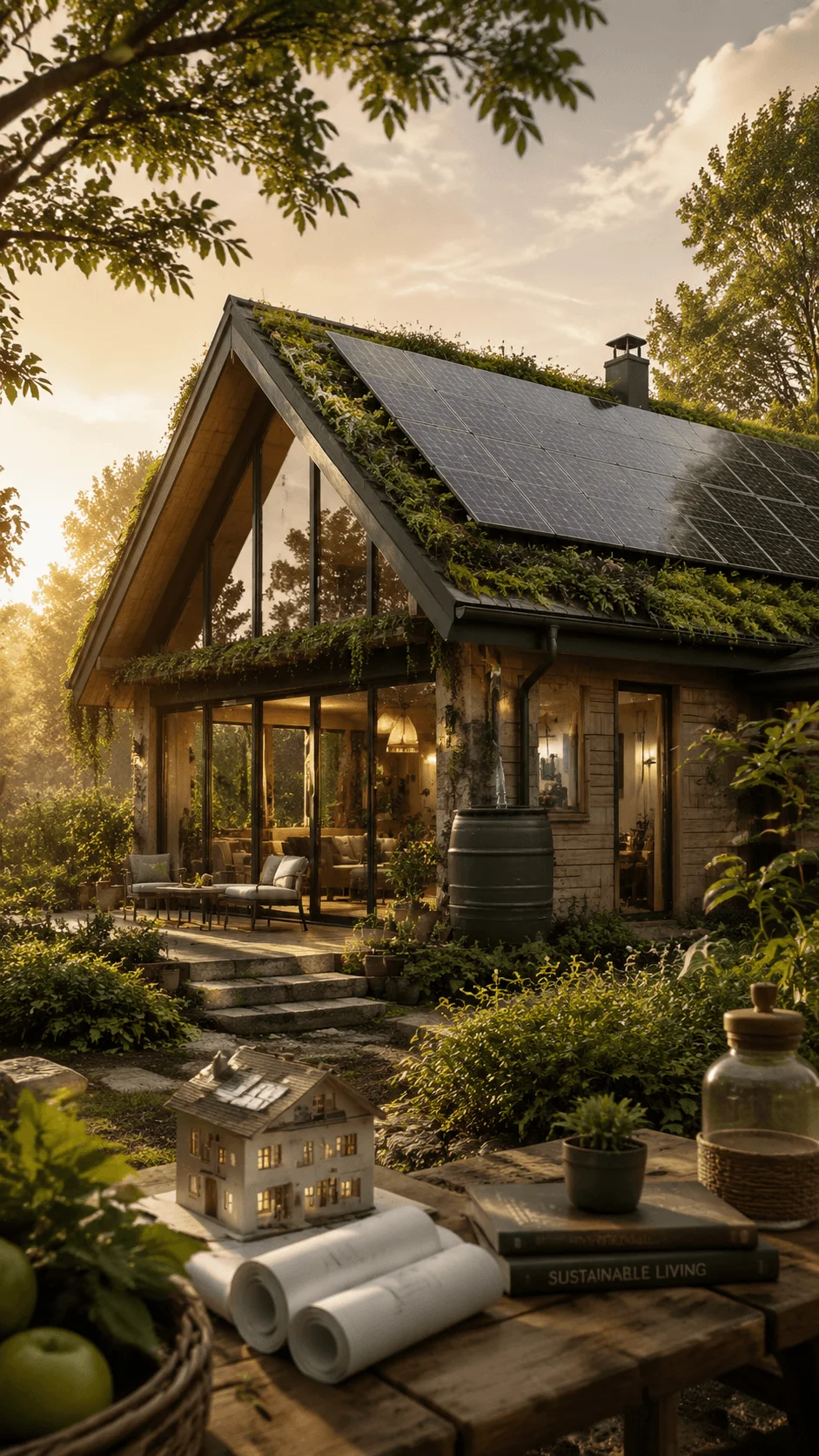 Sustainable home aesthetic poster featuring an eco friendly house with solar panels green roof natural materials lush garden and sustainable architecture surrounded by a peaceful natural landscape