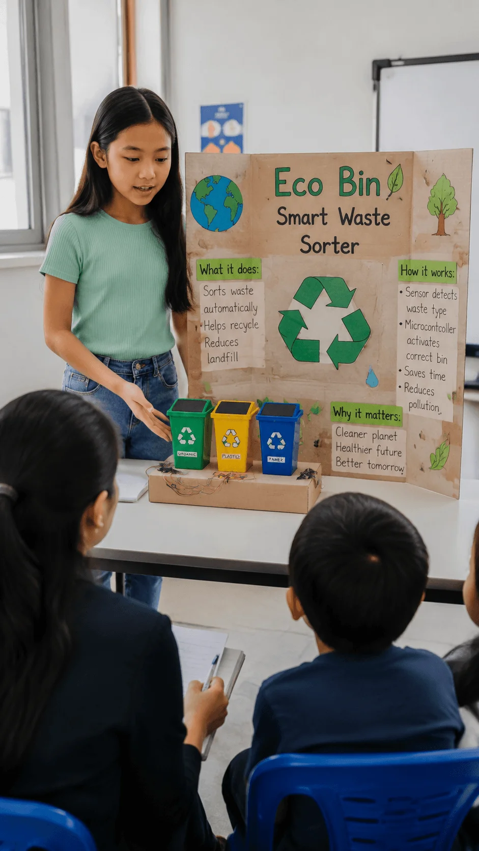 Student presenting a sustainable innovation project with an eco friendly waste sorting model and recycling ideas during a classroom fair