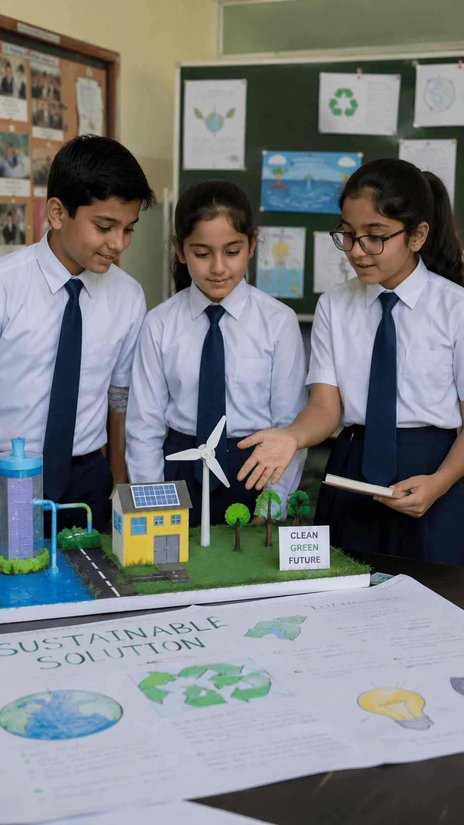 Students presenting a sustainable innovation project model featuring solar energy wind power and eco friendly solutions for the future