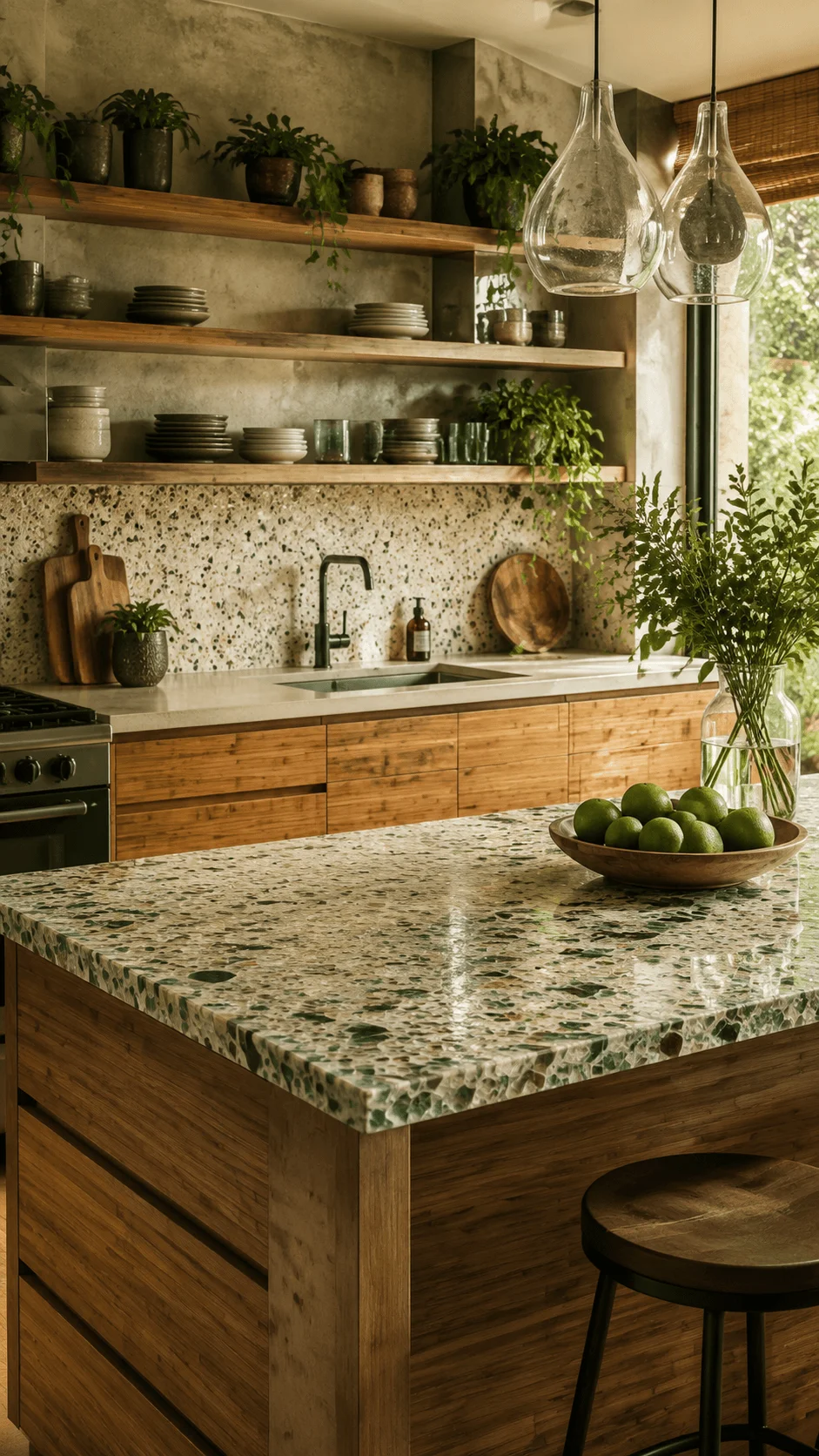 Sustainable kitchen with bamboo wood cabinets, recycled glass countertop, natural stone textures, open wooden shelves, indoor plants, and eco friendly materials creating a durable modern kitchen design