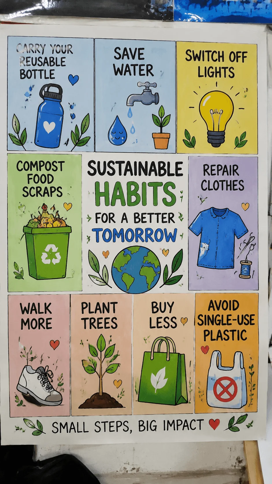 Sustainable lifestyle habits poster showing eco friendly actions like saving water reducing waste planting trees repairing clothes walking more and avoiding single use plastic with colorful environmental illustrations