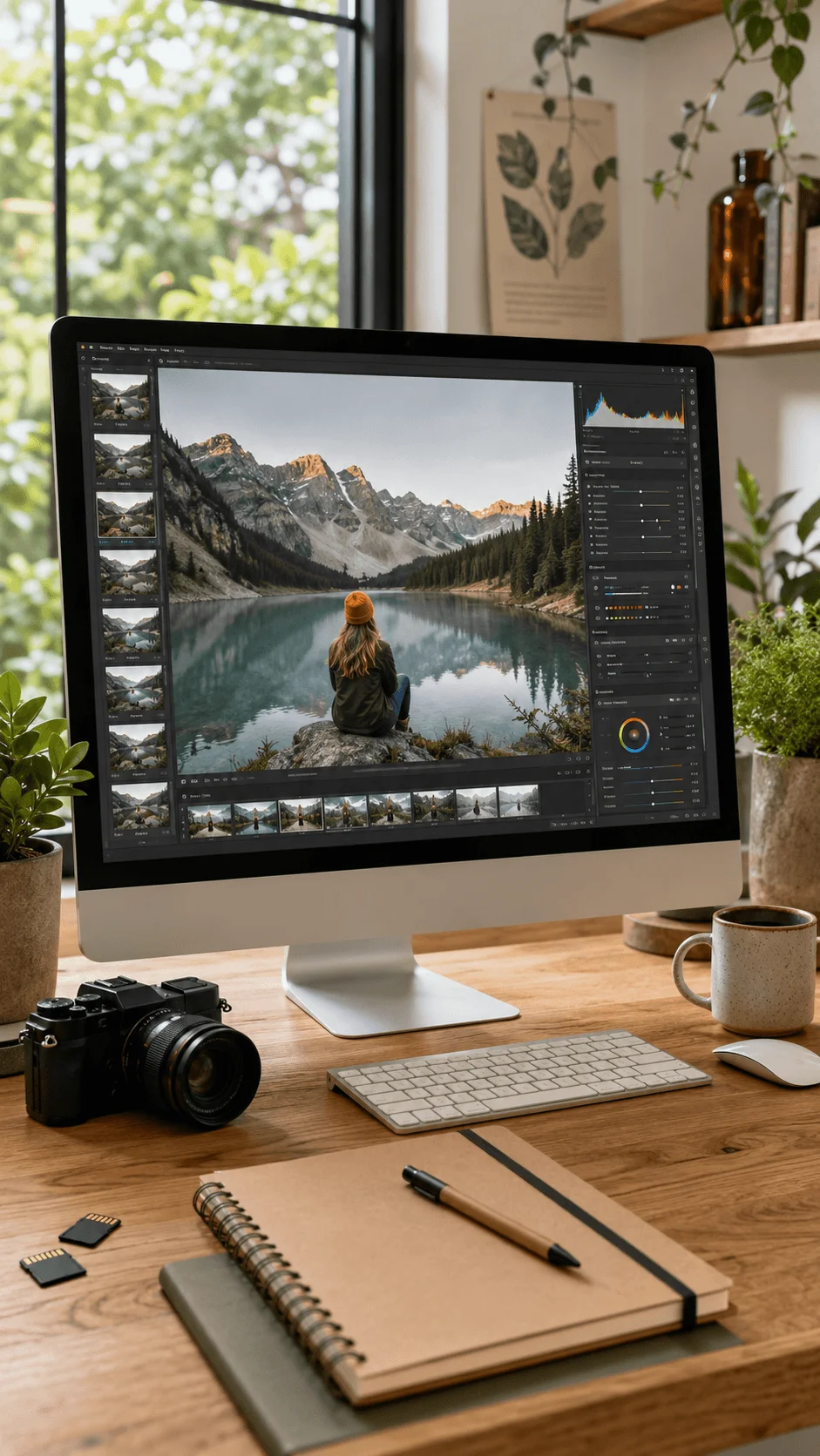 Photographer editing a mountain landscape image on a desktop computer with a sustainable Lightroom workflow camera notebook plants and natural workspace elements