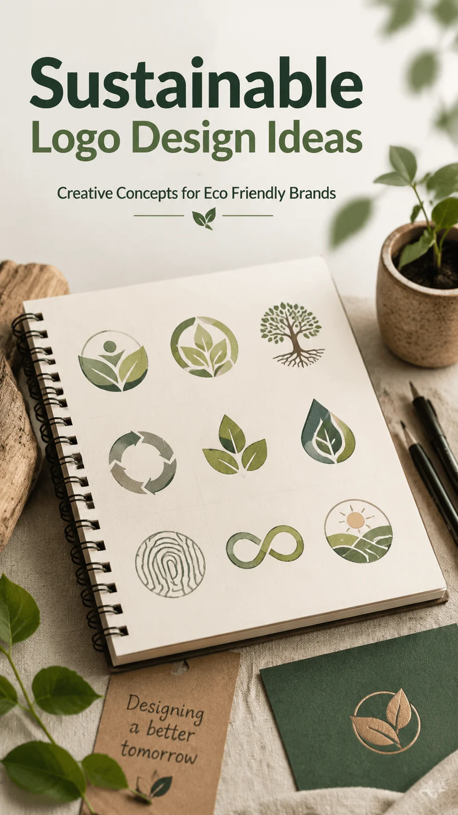 Sustainable logo design ideas displayed on a notebook with eco friendly brand symbols, leaf icons, recycling concepts, natural elements and green branding inspiration