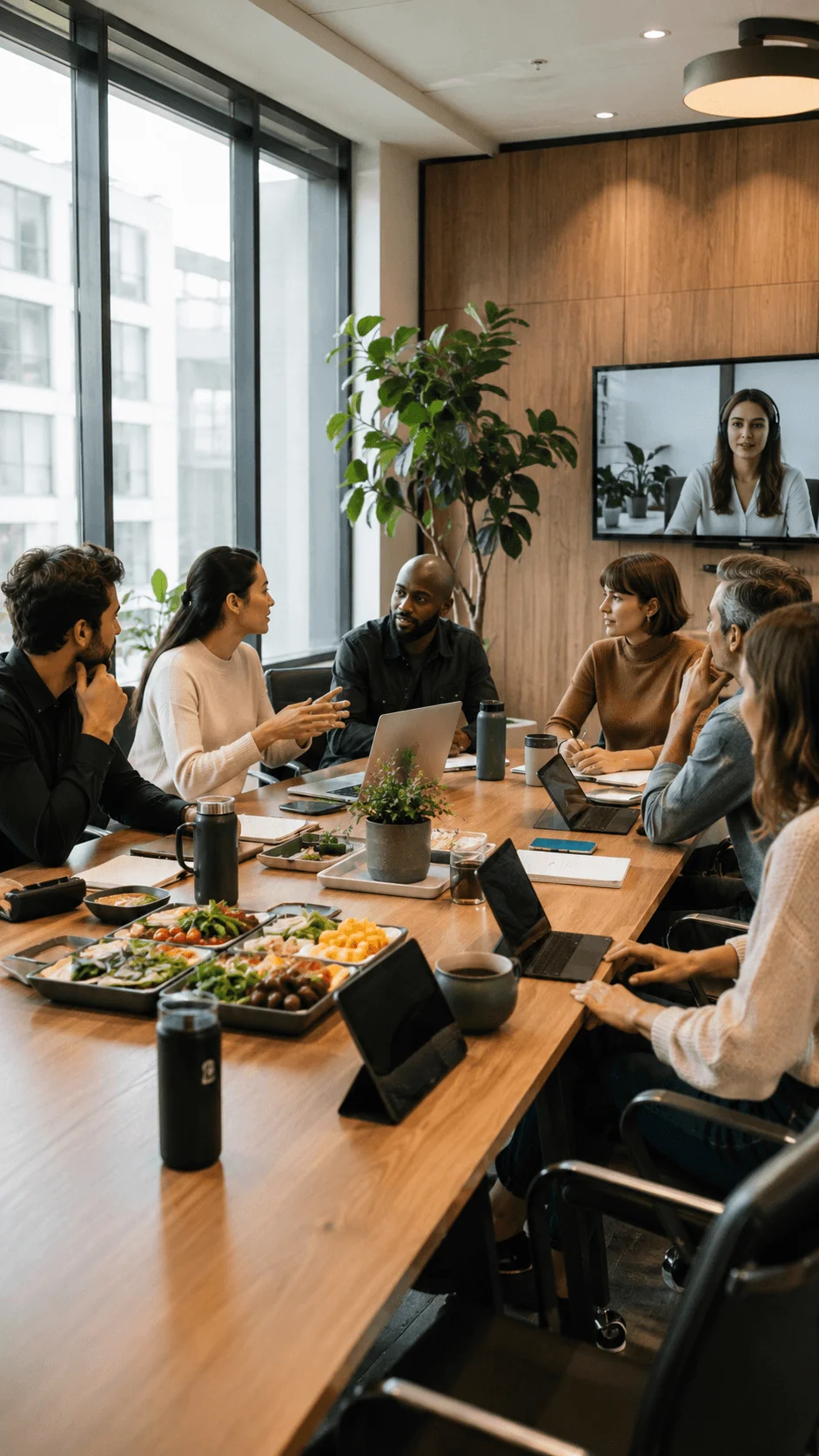 Employees participating in a sustainable meeting with reusable water bottles plant based refreshments digital collaboration and a hybrid video conference in a modern office