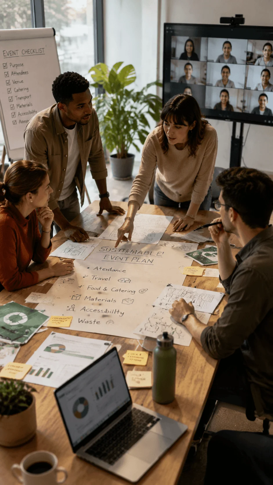 Employees designing a sustainable meeting and event plan with hybrid participation, eco friendly materials, travel reduction, waste management, and accessibility considerations in a workplace workshop