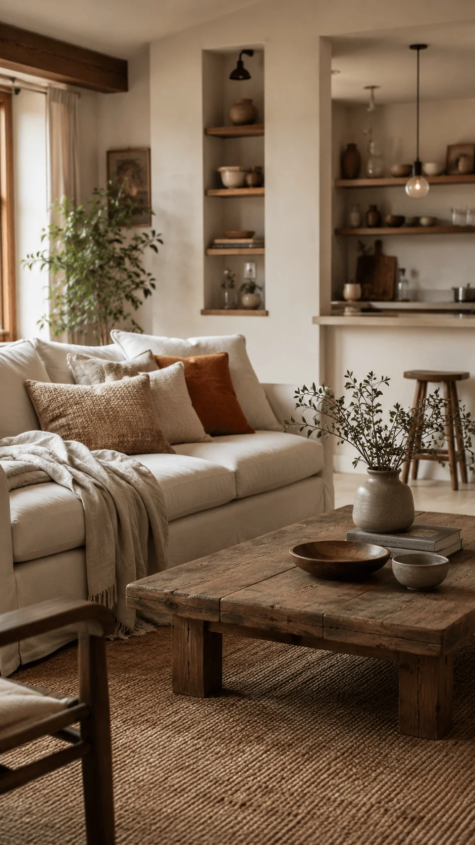 Sustainable minimalist home design with warm neutral tones, natural wood furniture, cozy textures, indoor plants, and a peaceful eco friendly living room with simple elegant decor
