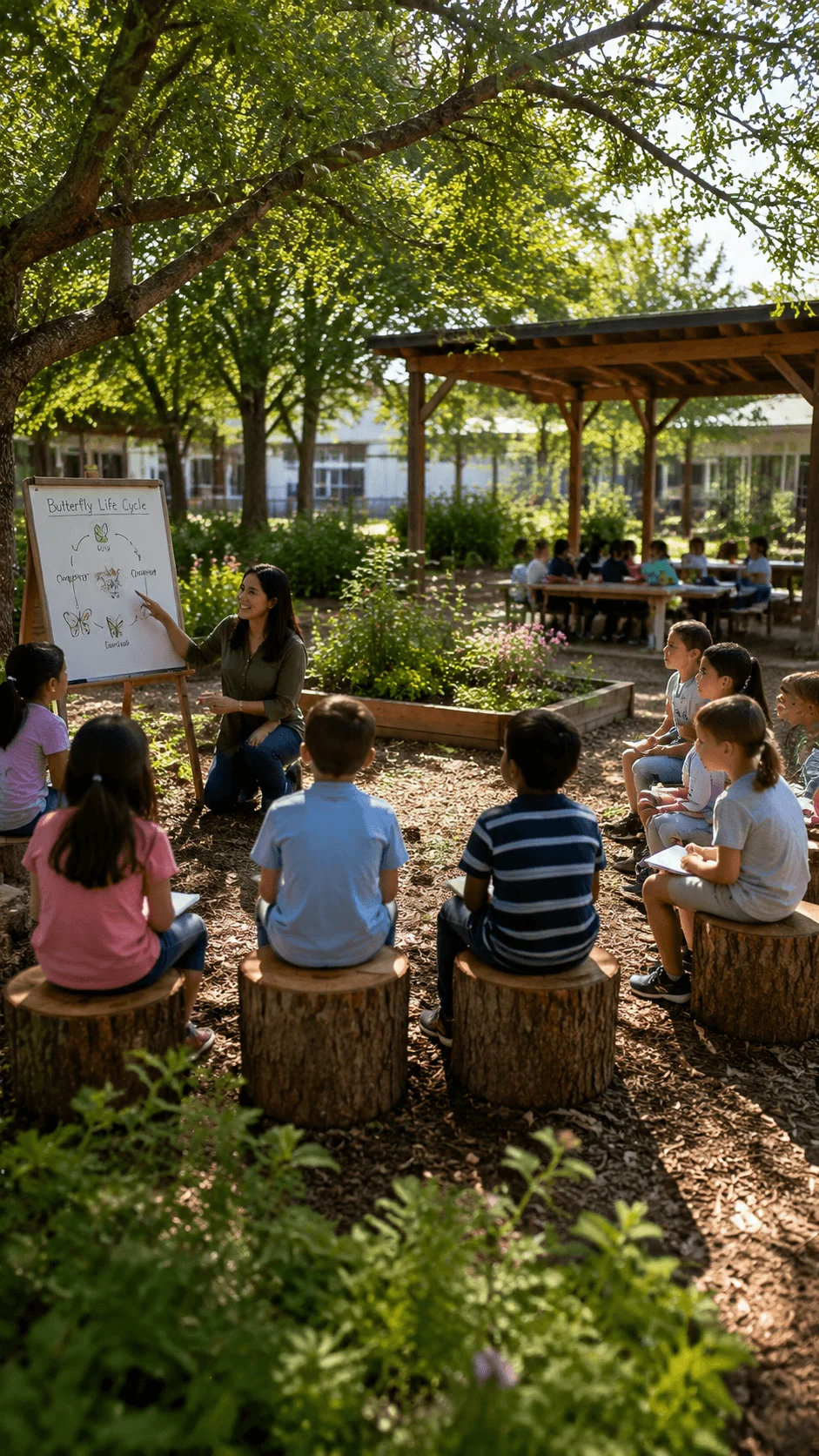 Sustainable outdoor learning space featuring students studying in a nature based classroom with trees greenery wooden seating and environmental education activities
