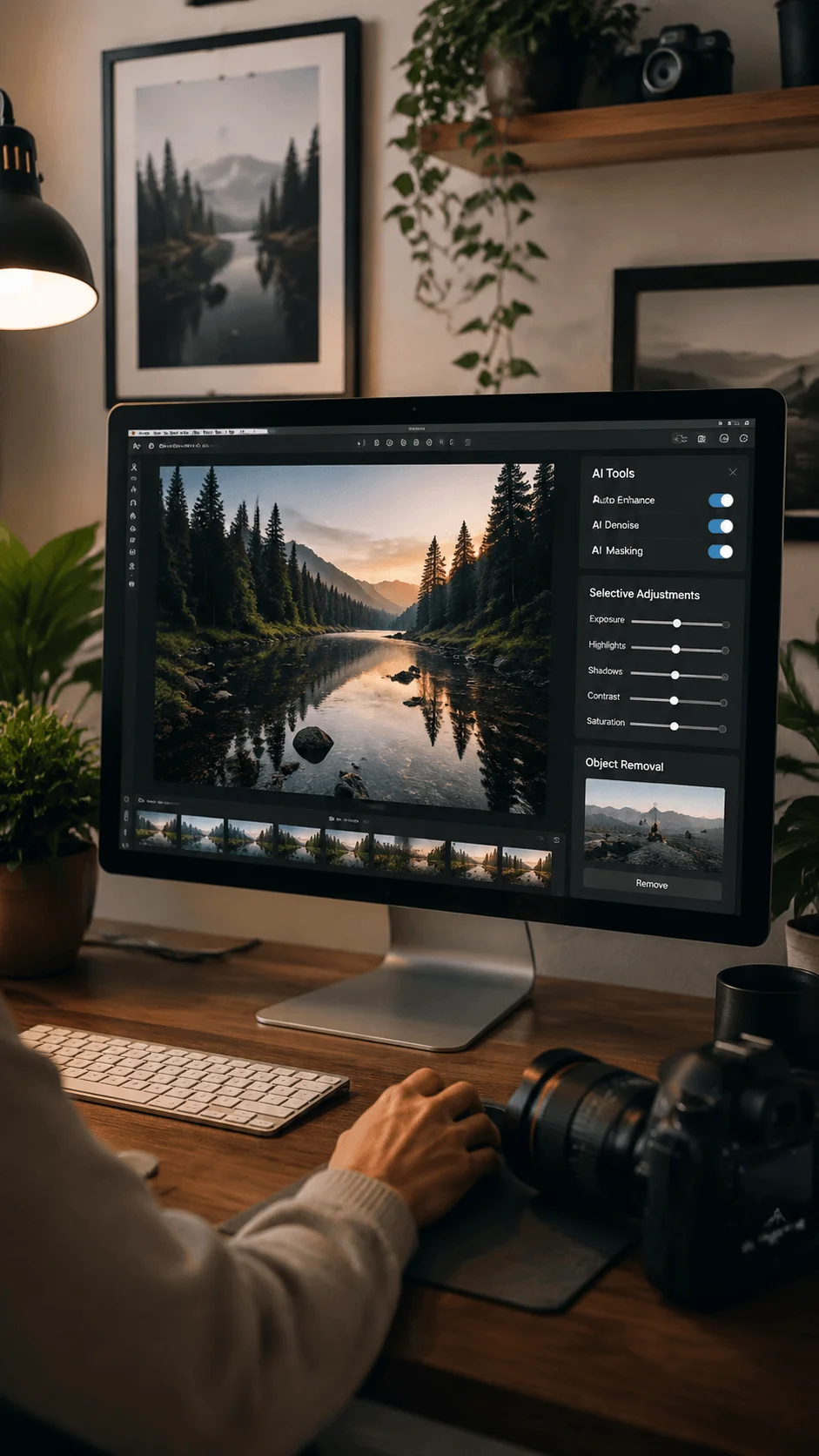 Photographer using artificial intelligence tools to edit a nature landscape image on a desktop computer with camera equipment and plants in a creative workspace