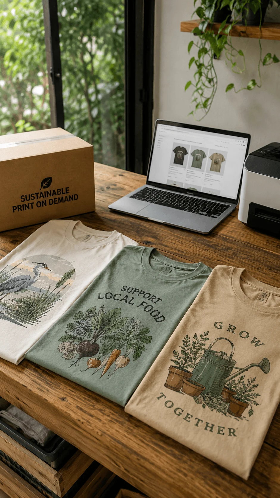 Sustainable print on demand T shirt micro collection with local food gardening and wetland designs on a wooden table