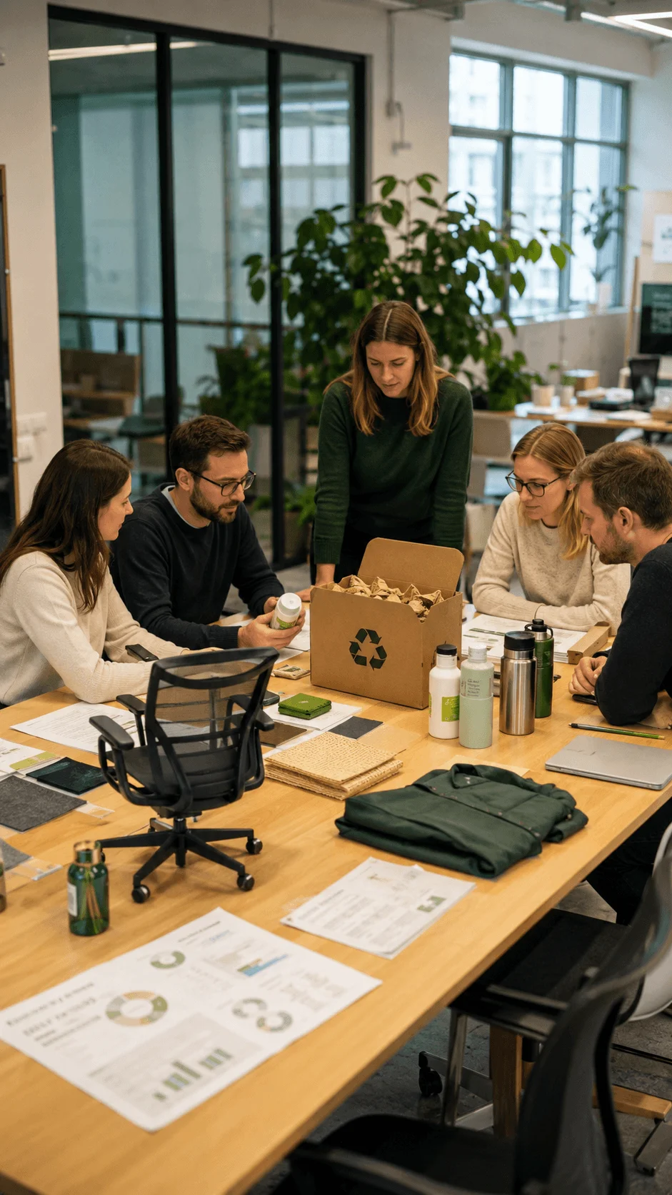 Employees conducting a sustainable procurement experiment by evaluating eco friendly products, reusable materials, and responsible purchasing decisions in a modern office meeting