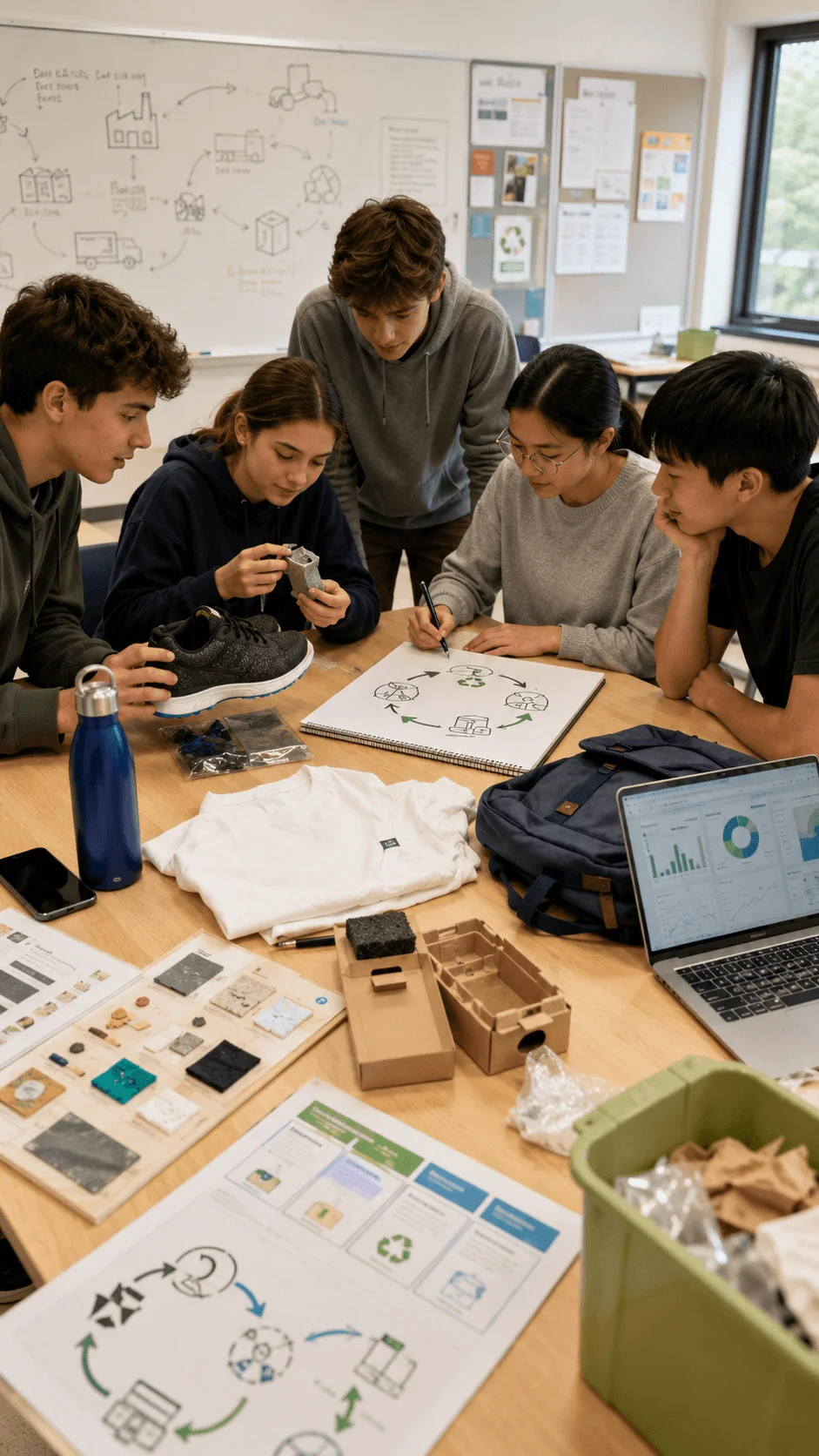 High school students investigating the life cycle of everyday products and exploring sustainable materials reuse and recycling