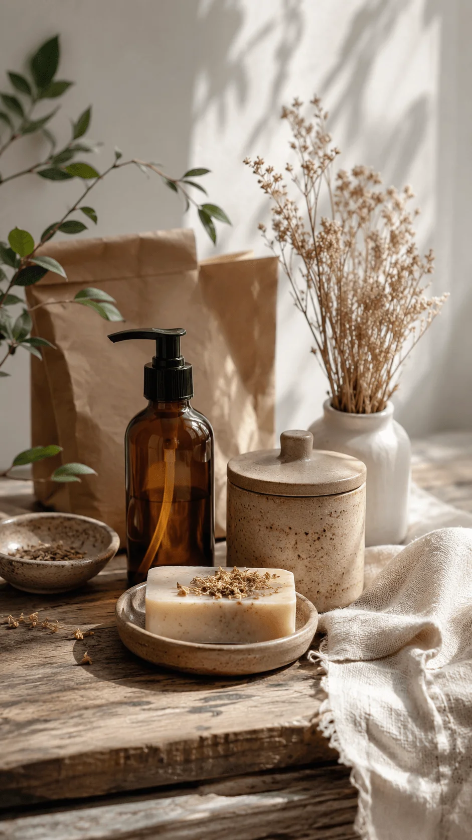 Sustainable product photography with low waste styling featuring natural soap ceramic containers and eco friendly packaging elements