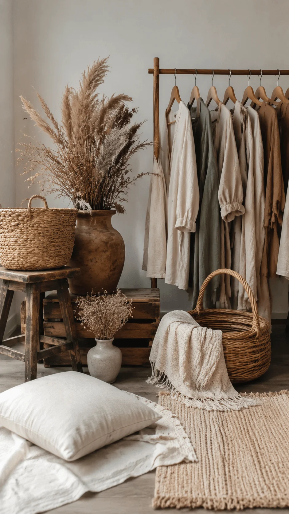 Sustainable props and wardrobe photography setup featuring reusable natural fabrics neutral clothing vintage furniture woven baskets dried flowers and eco friendly styling elements in a minimalist studio space