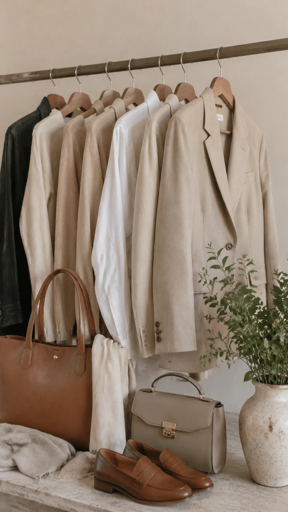 Sustainable quiet luxury wardrobe with elegant neutral clothing pieces handbags shoes and minimalist timeless fashion accessories in a refined natural interior