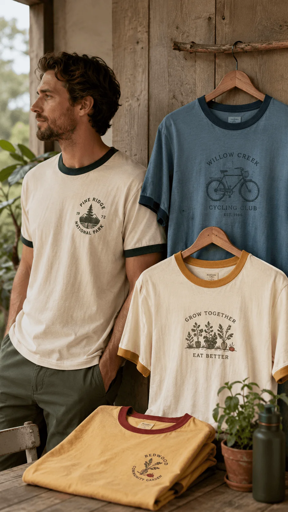 Man wearing a cream retro ringer T shirt beside sustainable graphic tees with cycling and community garden designs