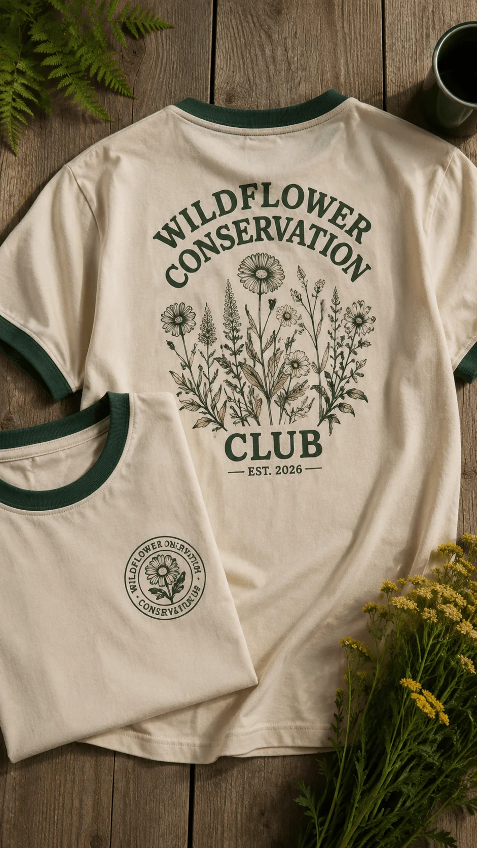 Sustainable ringer T shirts with green trim featuring wildflower conservation club graphics and botanical illustrations