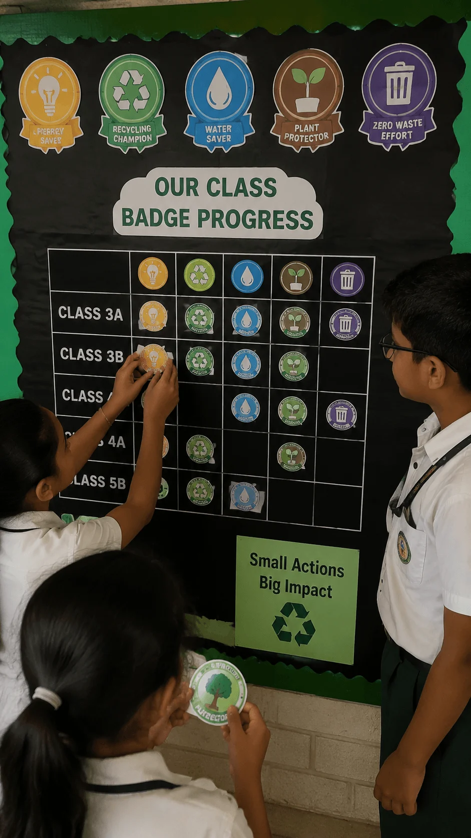 Students participating in a sustainable school badge challenge by tracking eco friendly achievements with recycling water saving and zero waste rewards board
