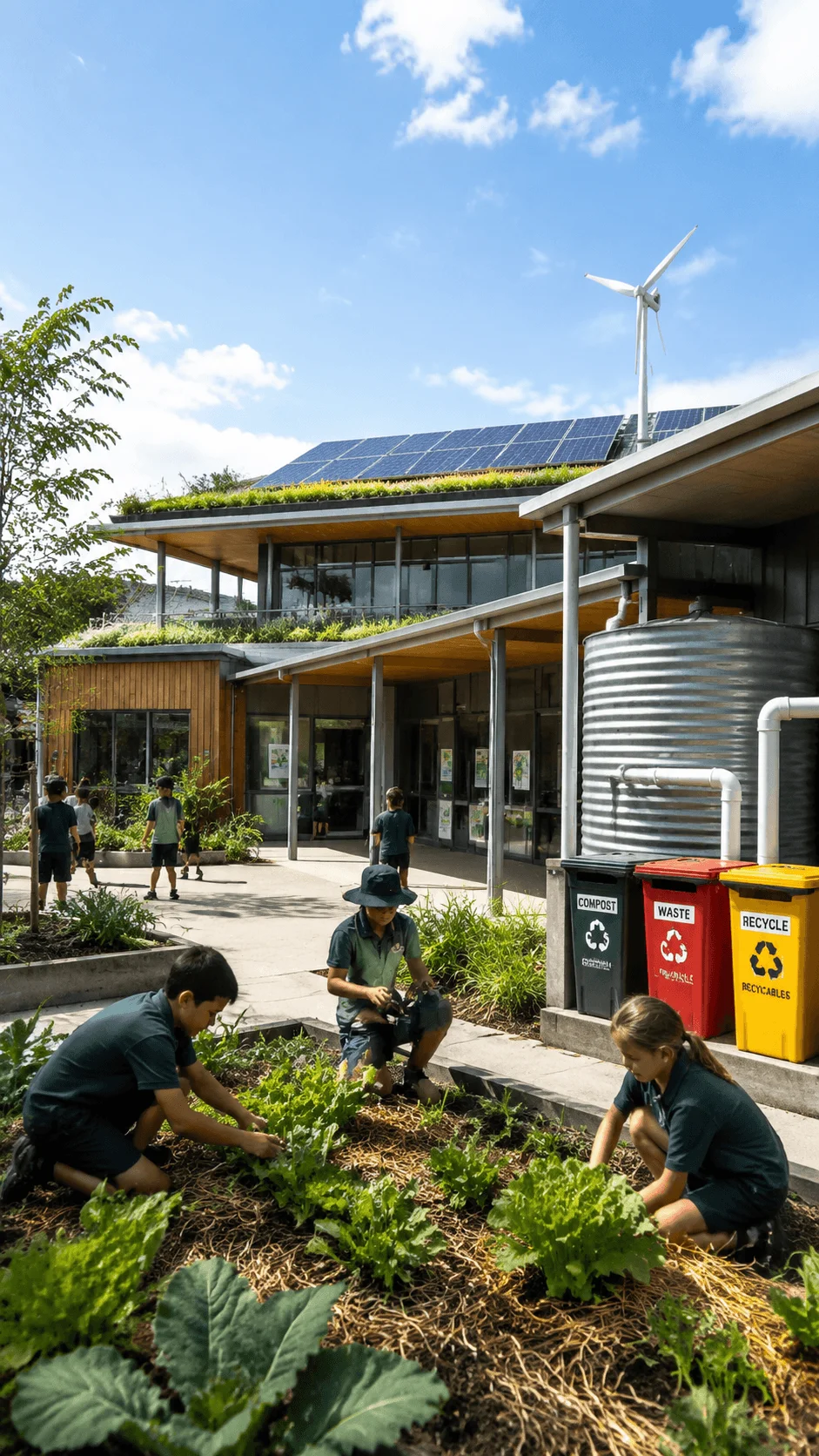 Sustainable school design featuring environmental education gardens solar panels compost recycling bins and eco friendly learning spaces