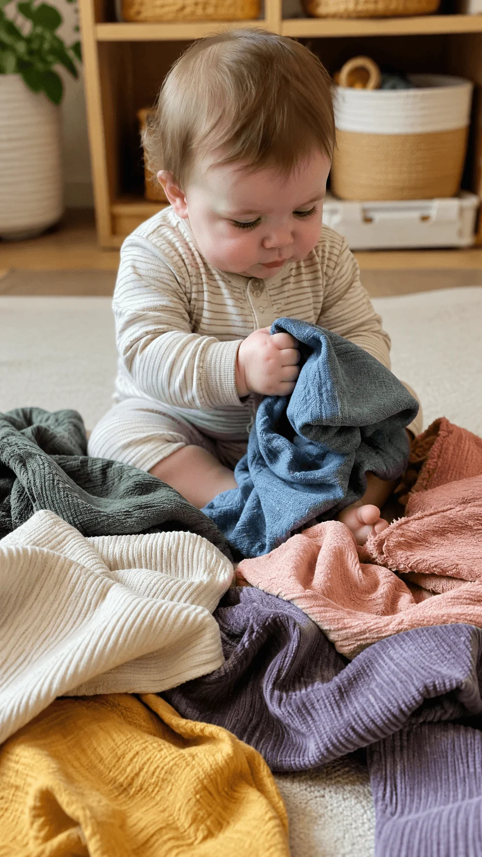 Baby exploring colorful reusable fabrics during sustainable sensory play