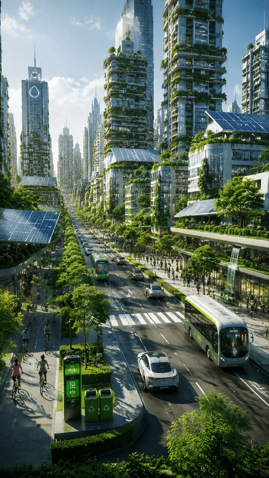 Sustainable smart city poster showing futuristic green buildings with solar panels, electric buses, cycling paths, urban trees, renewable energy, and eco friendly technology