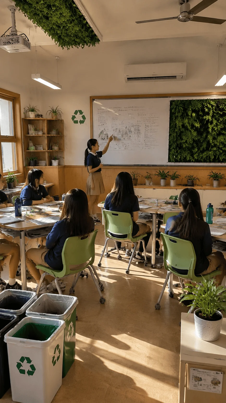 Students learning in a sustainable smart classroom with green walls, recycling bins, plants, and eco friendly classroom design features for environmental education