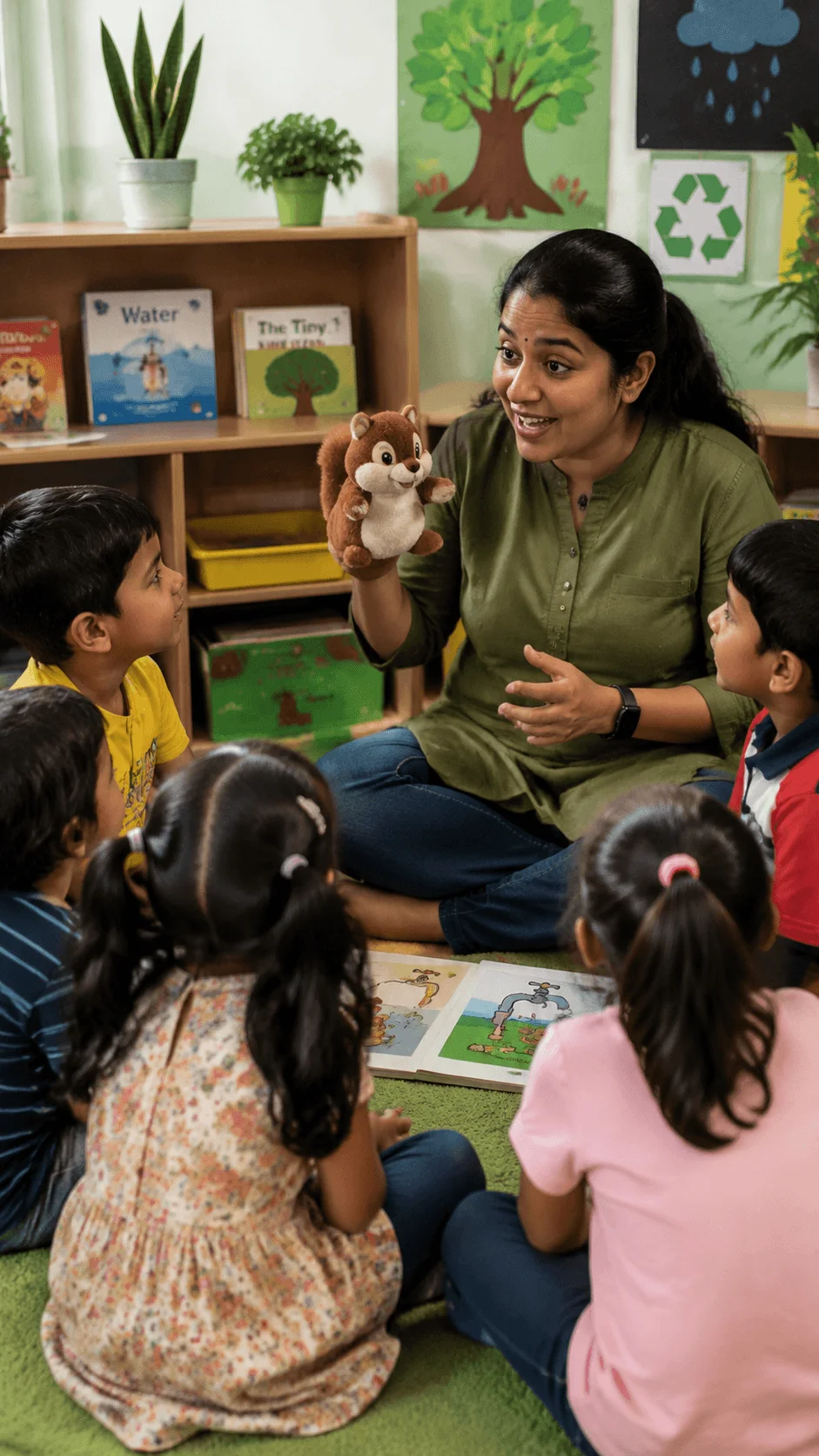 Teacher creating a sustainable story with children using puppets and environmental learning materials in a kindergarten classroom