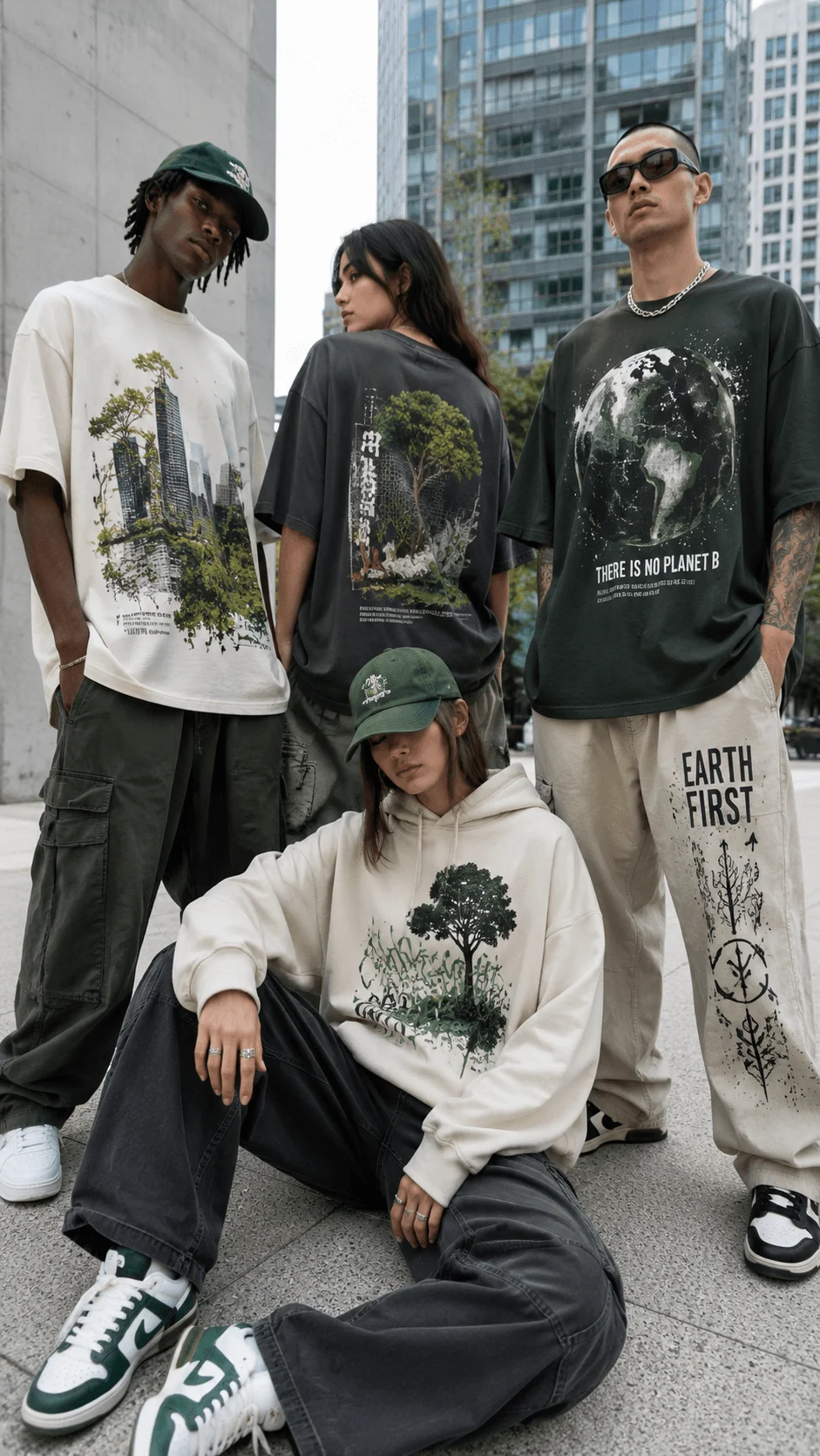 Sustainable streetwear fashion designs featuring modern eco friendly clothing with environmental graphics, earth inspired artwork, oversized casual styles, urban outfits, and conscious fashion trends worn in a contemporary city setting.
