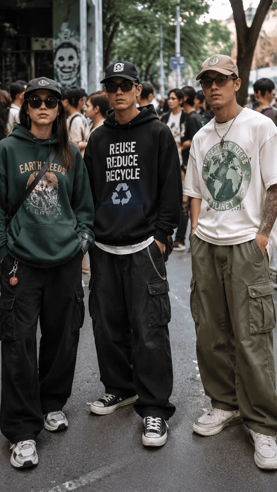 Sustainable streetwear fashion with young people wearing eco friendly urban outfits including recycled clothing graphic hoodies and casual street style in a city setting