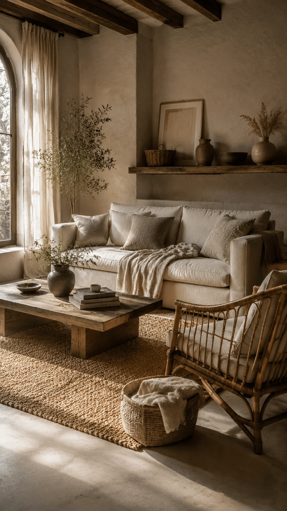 Sustainable texture layering in a cozy interior with natural fabrics, woven rug, wooden furniture, organic materials, neutral colors, and earthy eco friendly home decor elements