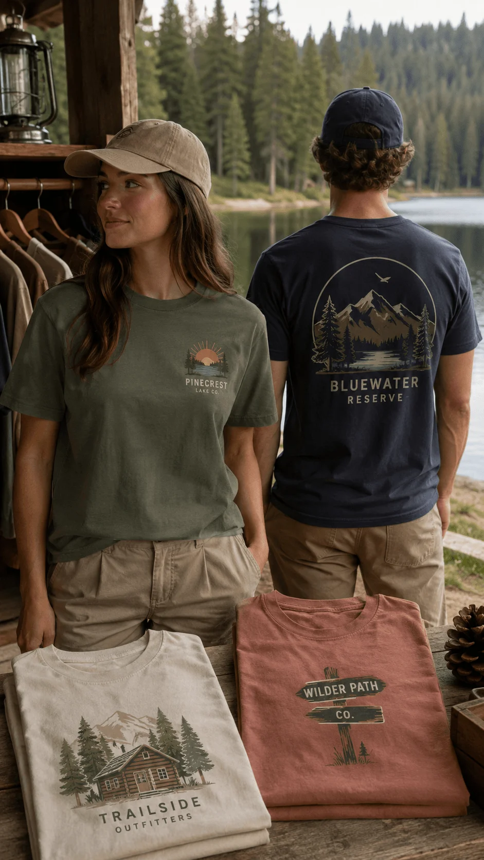 Sustainable tourist destination T shirt designs featuring vintage outdoor landscapes cabins mountains forests and eco travel inspired graphics