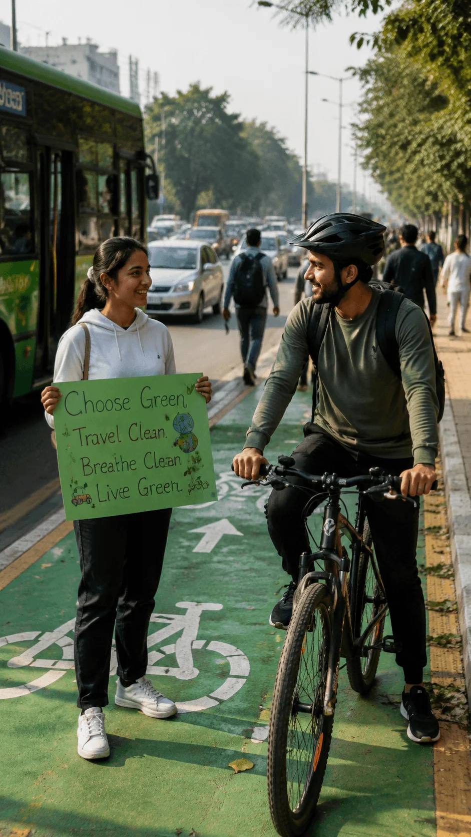 Sustainable transport awareness campaign showing a person promoting green travel with a cyclist on a dedicated bike lane, public bus, urban traffic, and eco friendly transportation choices in a city environment