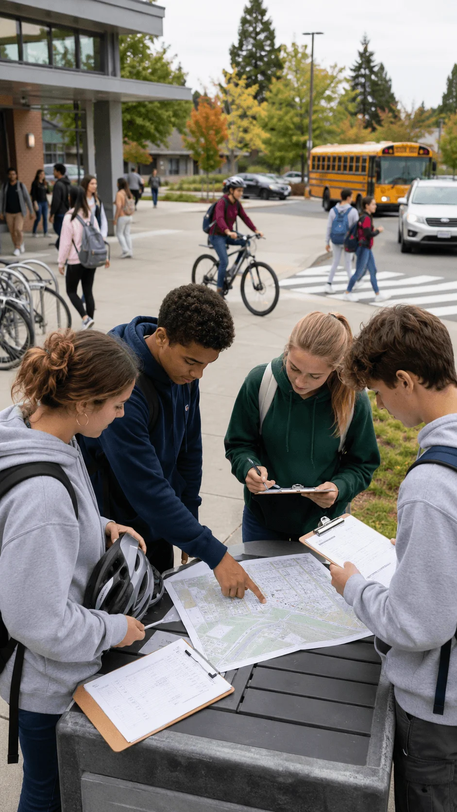 High school students mapping sustainable transportation routes around campus while evaluating walking cycling and public transit options