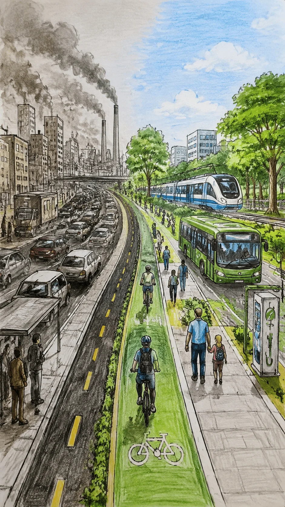 Sustainable transport project cover showing a city transformation from polluted traffic congestion to clean mobility with electric buses, trains, bicycles, walking paths, green spaces, and eco friendly transportation solutions