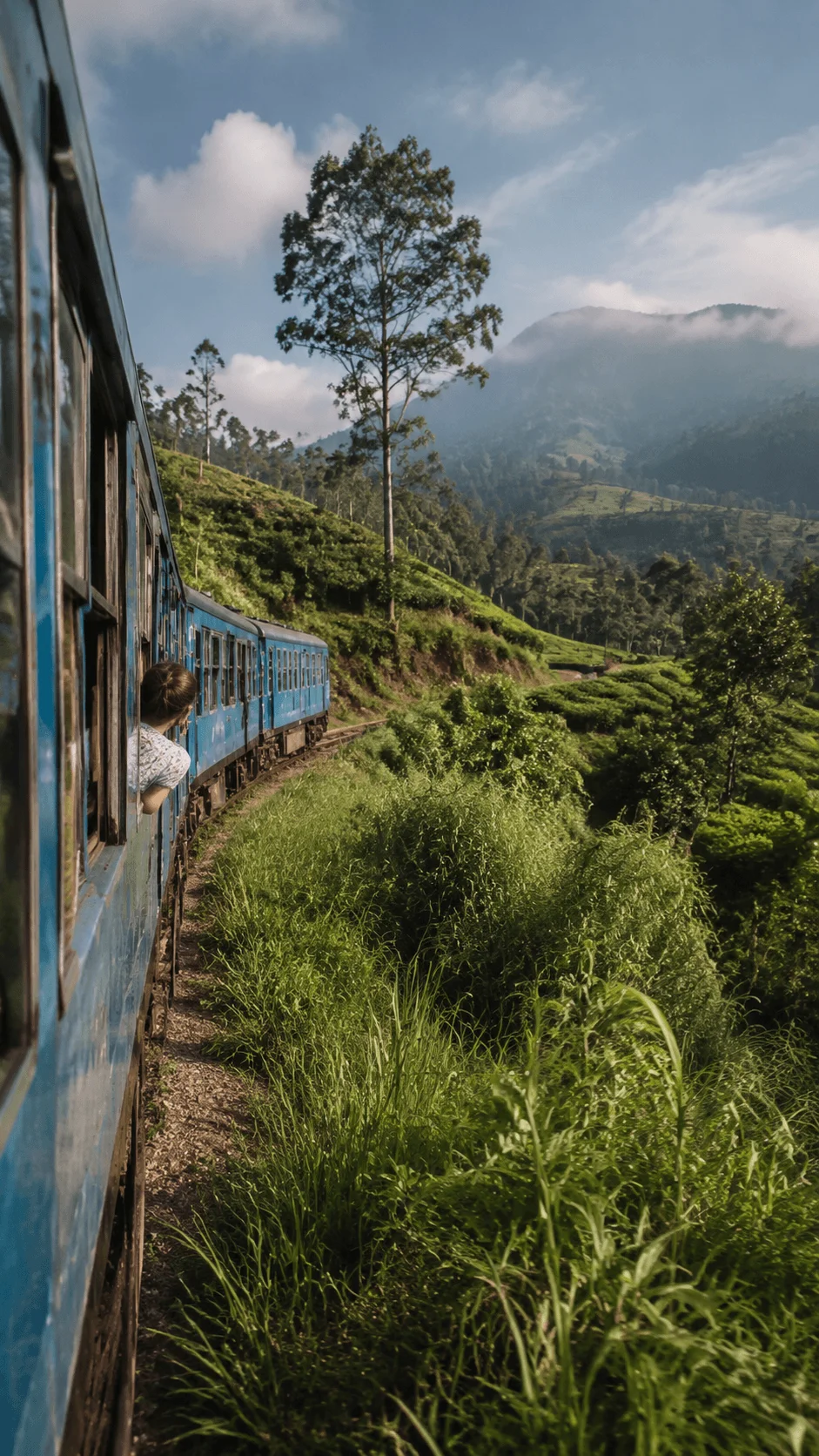 Sustainable travel photography featuring a scenic train journey through green mountains, lush landscapes, natural surroundings, and eco friendly exploration connected with responsible tourism.