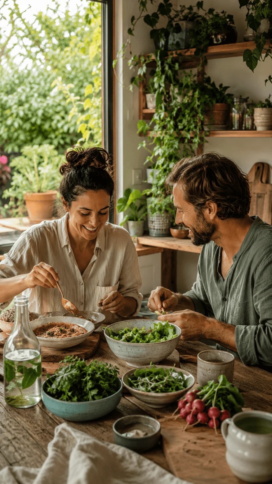Sustainable visual storytelling with people sharing a natural meal in an eco friendly home environment