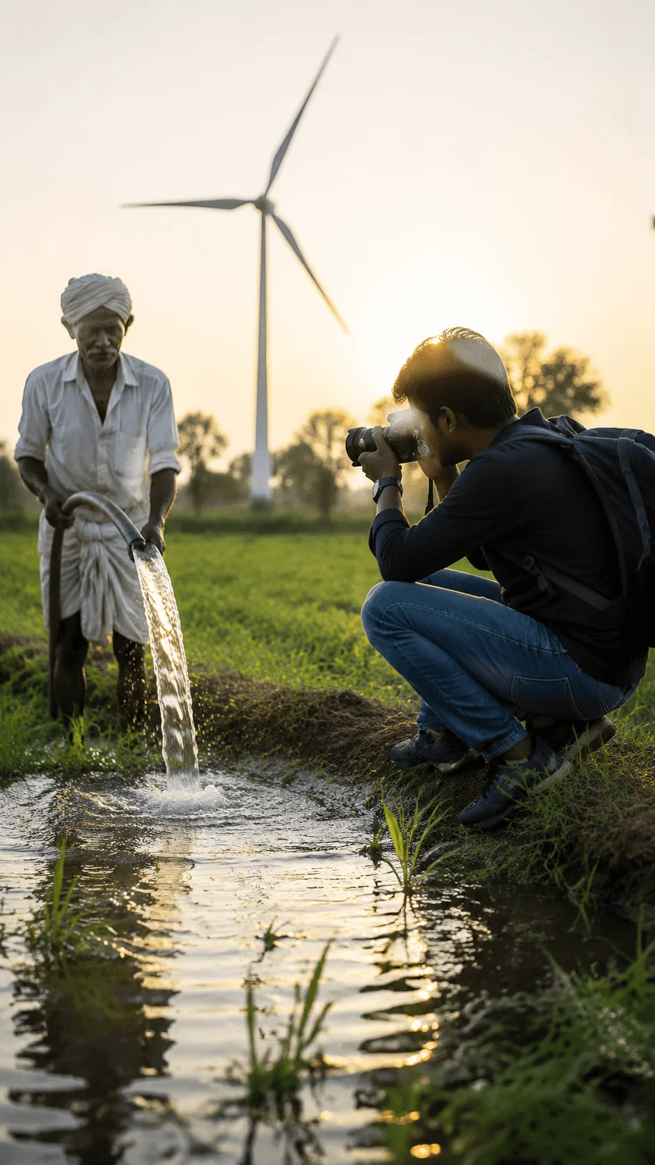 Sustainable visual storytelling showing a photographer documenting a farmer working in a green field with renewable wind energy in the background during golden hour with a focus on environmental awareness and community life