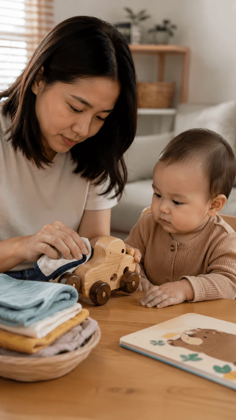 Mother teaching her baby to clean and care for a wooden toy