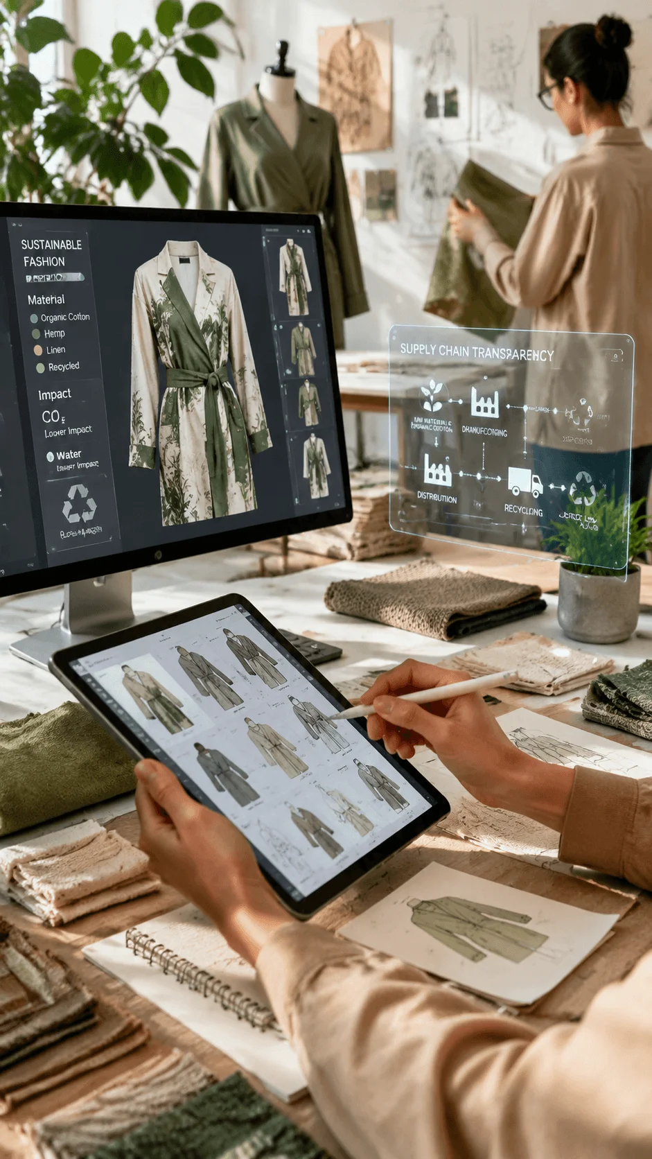 AI technology and sustainable fashion design workspace showing digital clothing concepts, eco friendly materials, fashion sketches, and supply chain innovation tools for future clothing development