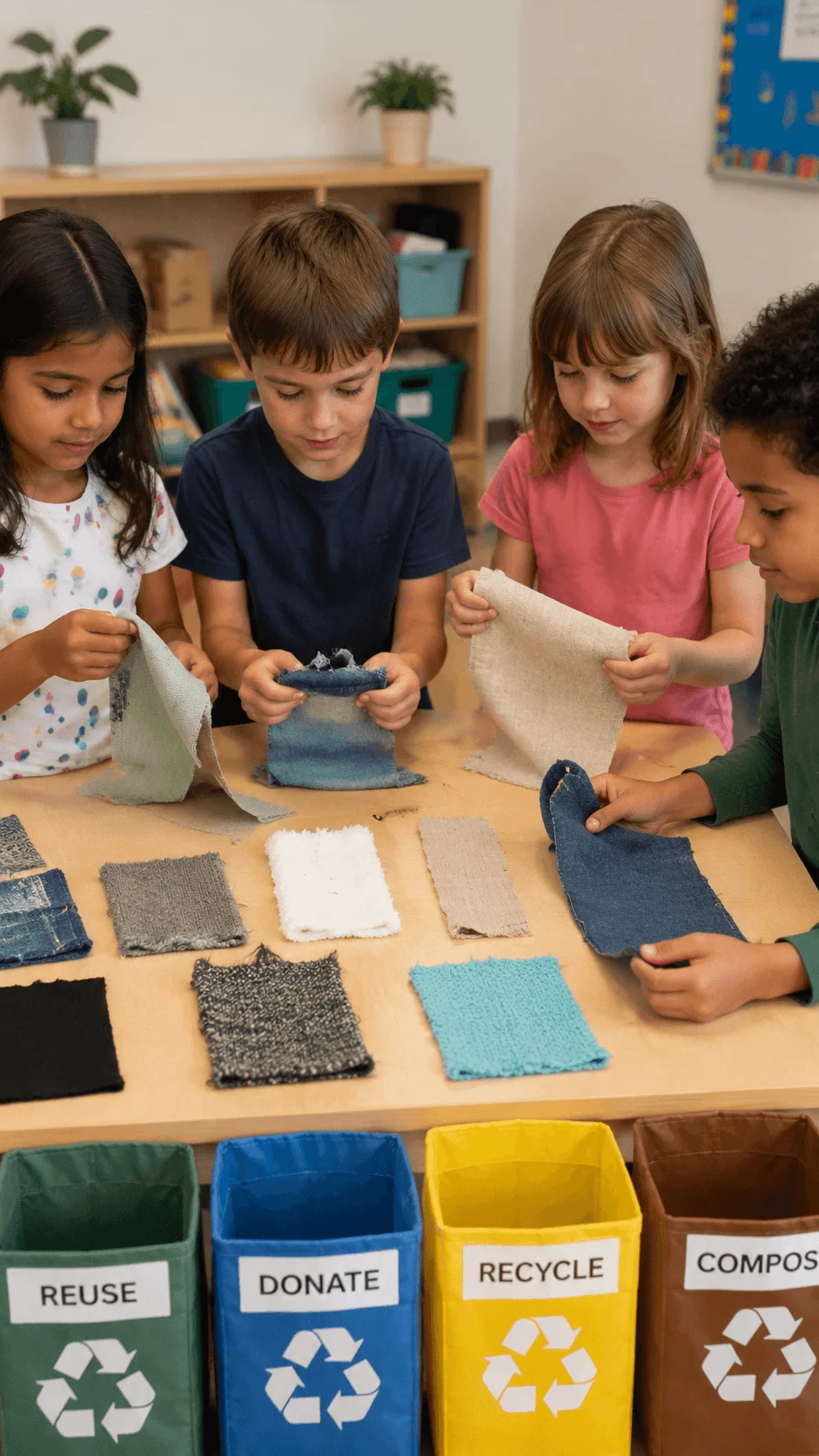 Children learning textile recycling by sorting different fabric samples into reuse donate recycle and compost categories during a sustainable fashion activity