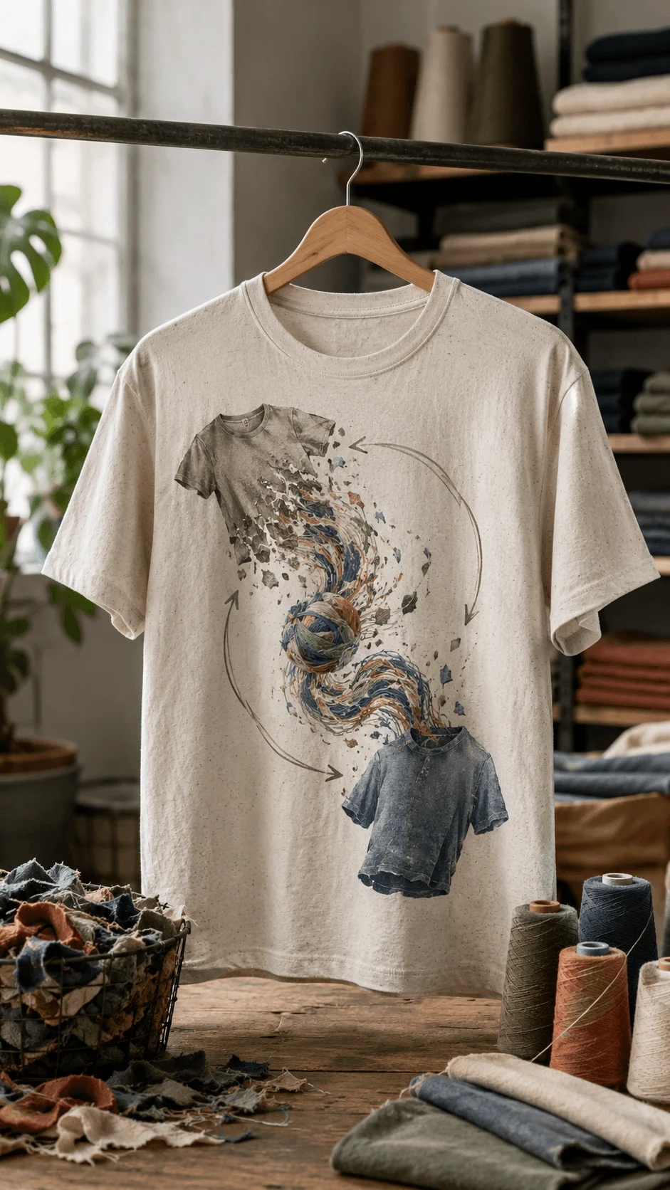Recycled cotton T shirt with circular textile transformation artwork displayed in a sustainable clothing studio