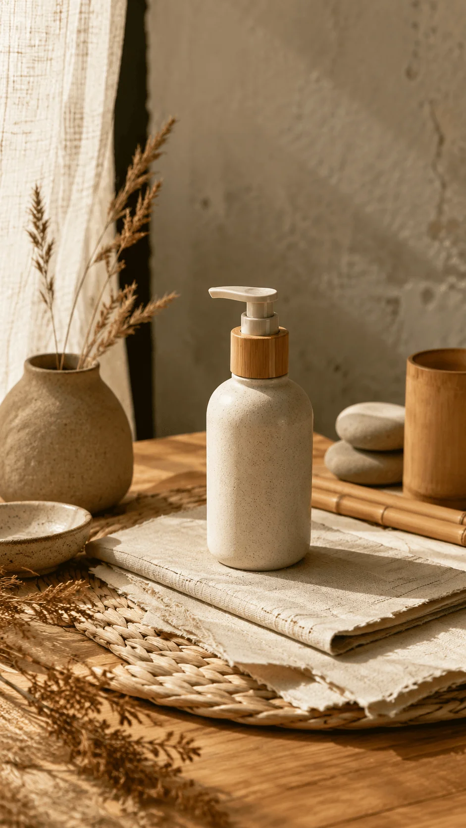 Textured natural background photography featuring a ceramic bottle on handmade paper, woven mat, wooden surface, bamboo accessories, dried plants, and earthy materials creating a warm sustainable aesthetic composition