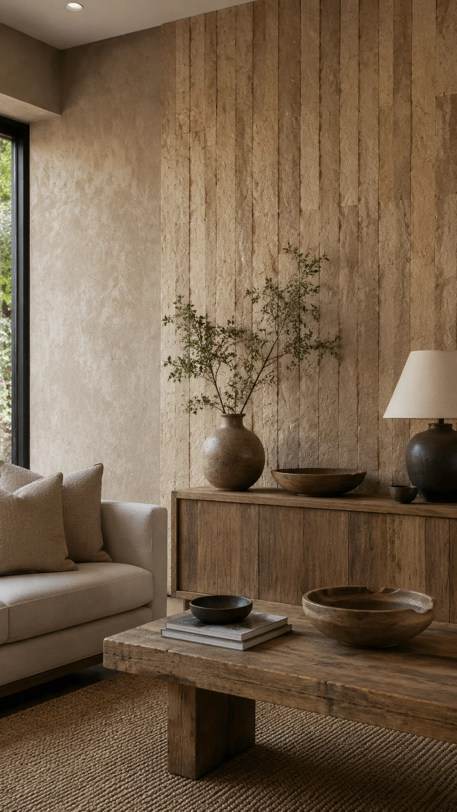 Textured sustainable walls featuring a minimalist living room with natural stone surfaces, wooden furniture, earthy tones, organic decor, and eco friendly interior design elements
