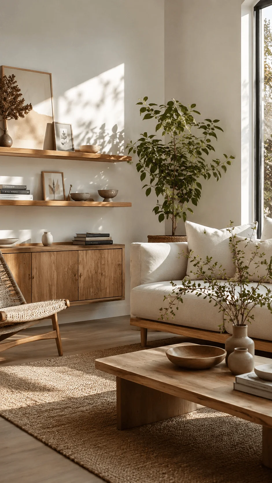 Eco minimalist home interior with natural wooden furniture, simple decor, indoor plants, neutral colors, and a peaceful clutter free sustainable living space